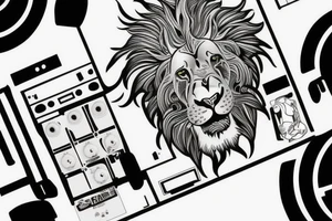 Un lion avec un casque de DJ qui mixe tattoo idea
