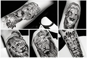 Un lion avec un casque de DJ qui mixe tattoo idea