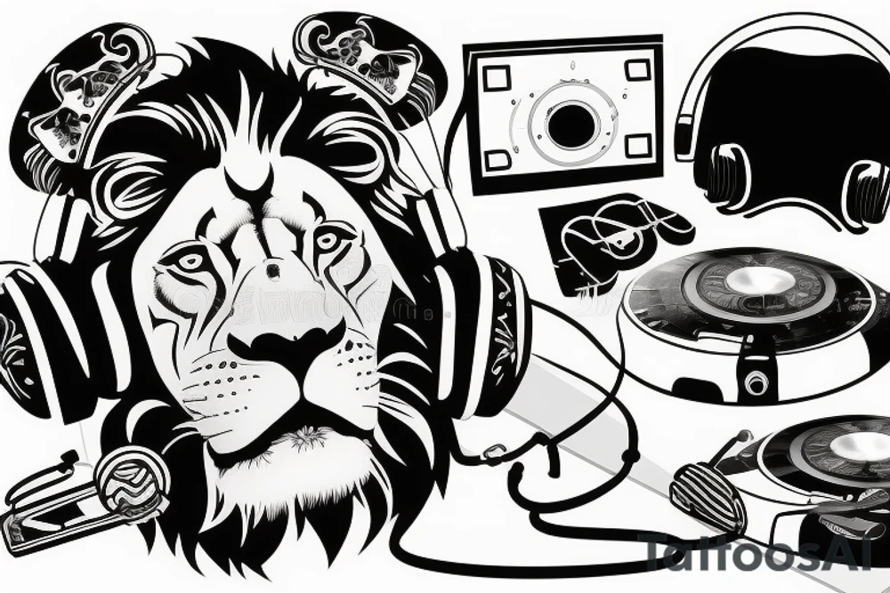 Un lion avec un casque de DJ qui mixe sur des platines tattoo idea