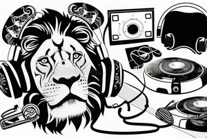 Un lion avec un casque de DJ qui mixe sur des platines tattoo idea
