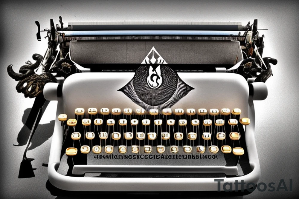 an old-fashioned typewriter as the central focus, with a ghost playfully emerging from its keys. Above the typewriter, a UFO hovers in mid-flight, while various imaginative creatures, from dragons to goblins, materialize as if being created by the typewriter itself. Tentacle-like appendages extend from these creatures, adding an element of dark mystery and movement to the design. This intricately detailed black and gray tattoo combines vintage charm, whimsical fantasy, and a touch of the supernatural, creating a captivating and dynamic composition. tattoo idea