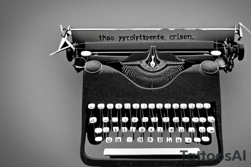 an old-fashioned typewriter as the central focus, with a ghost playfully emerging from its keys. Above the typewriter, a UFO hovers in mid-flight, while various imaginative creatures, from dragons to goblins, materialize as if being created by the typewriter itself. Tentacle-like appendages extend from these creatures, adding an element of dark mystery and movement to the design. This intricately detailed black and gray tattoo combines vintage charm, whimsical fantasy, and a touch of the supernatural, creating a captivating and dynamic composition. tattoo idea
