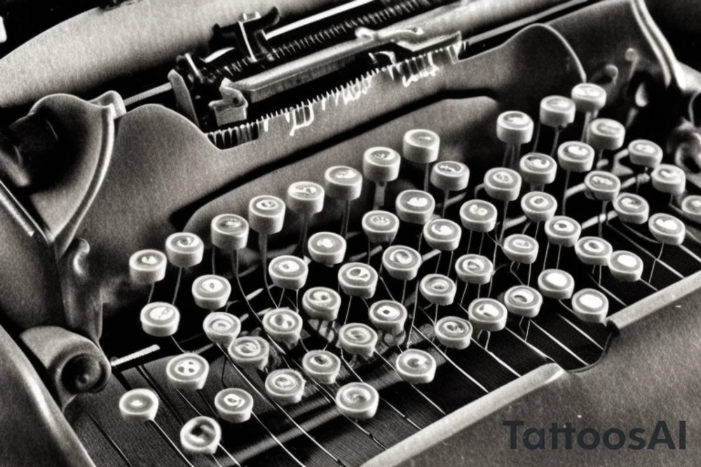 an old-fashioned typewriter as the central focus, with a ghost playfully emerging from its keys. Above the typewriter, a UFO hovers in mid-flight, while various imaginative creatures, from dragons to goblins, materialize as if being created by the typewriter itself. Tentacle-like appendages extend from these creatures, adding an element of dark mystery and movement to the design. This intricately detailed black and gray tattoo combines vintage charm, whimsical fantasy, and a touch of the supernatural, creating a captivating and dynamic composition. tattoo idea