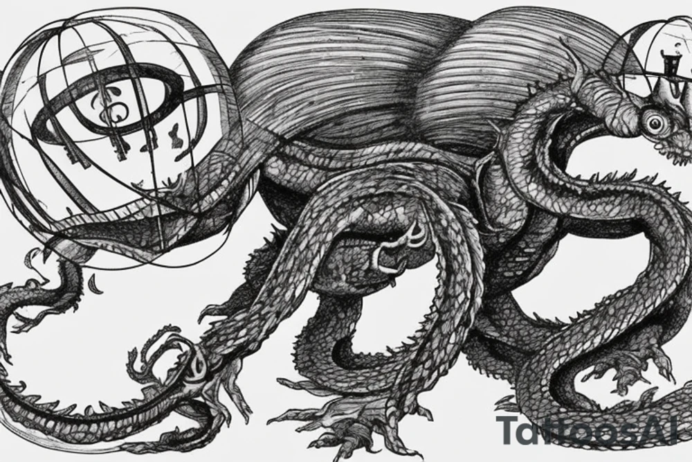 an old-fashioned typewriter as the central focus, with a ghost playfully emerging from its keys. Above the typewriter, a UFO hovers in mid-flight, while various imaginative creatures, from dragons to goblins, materialize as if being created by the typewriter itself. Tentacle-like appendages extend from these creatures, adding an element of dark mystery and movement to the design. This intricately detailed black and gray tattoo combines vintage charm, whimsical fantasy, and a touch of the supernatural, creating a captivating and dynamic composition. tattoo idea