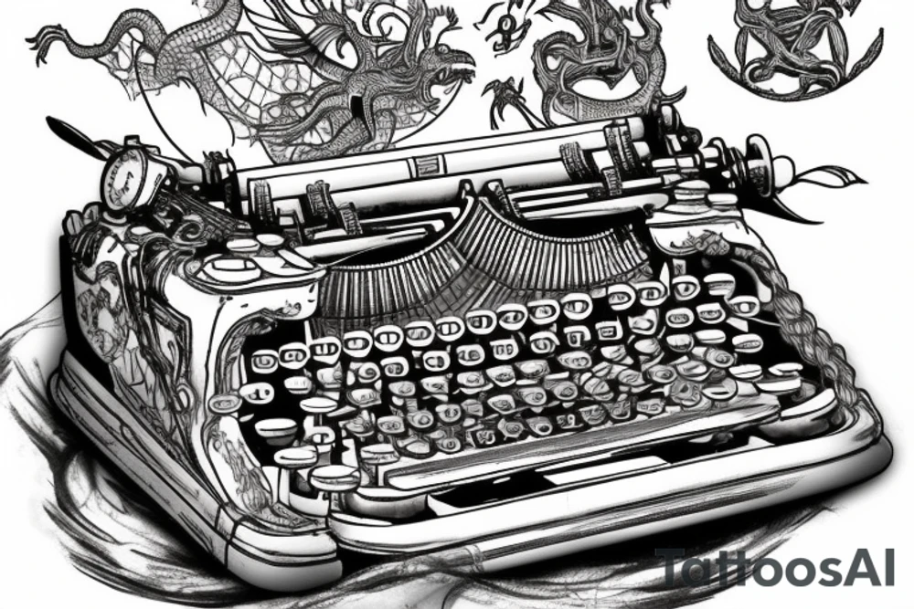 The tattoo portrays an old-fashioned typewriter at the center. Above it, a mischievous ghost emerges, while a UFO hovers higher up. From the typewriter's keys, various creatures materialize, including dragons, goblins, unicorns, and anthropomorphic animals. tattoo idea