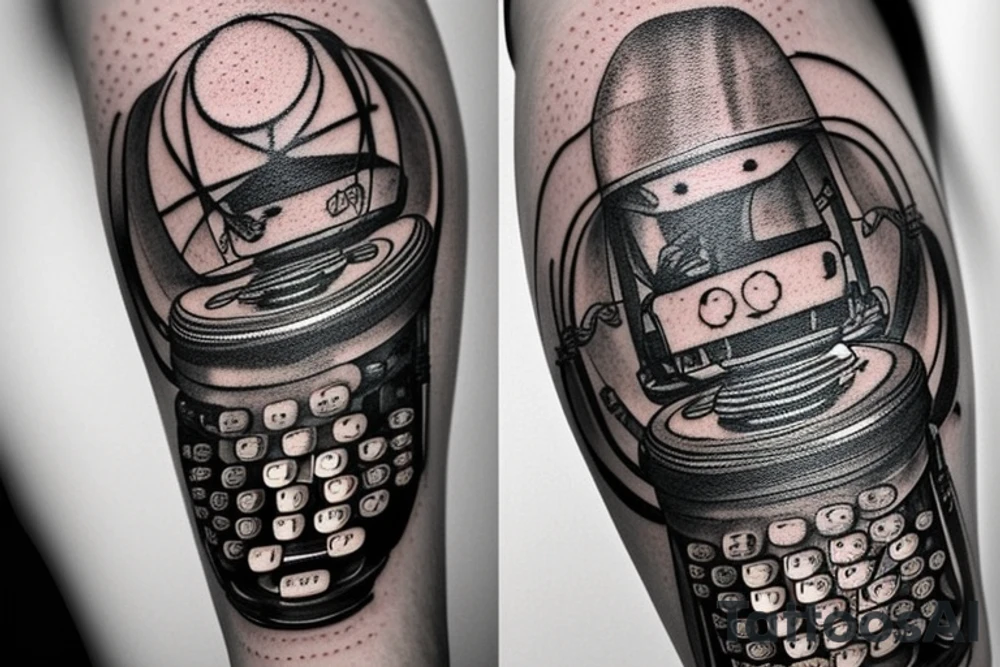 The tattoo portrays an old-fashioned typewriter at the center. Above it, a mischievous ghost emerges, while a UFO hovers higher up. From the typewriter's keys, various creatures materialize, including dragons, goblins, unicorns, and anthropomorphic animals. tattoo idea