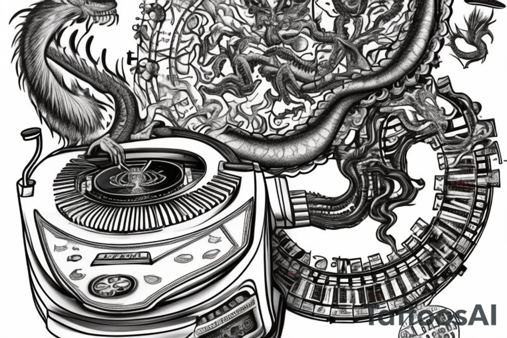 The tattoo portrays an old-fashioned typewriter at the center. Above it, a mischievous ghost emerges, while a UFO hovers higher up. From the typewriter's keys, various creatures materialize, including dragons, goblins, unicorns, and anthropomorphic animals. tattoo idea