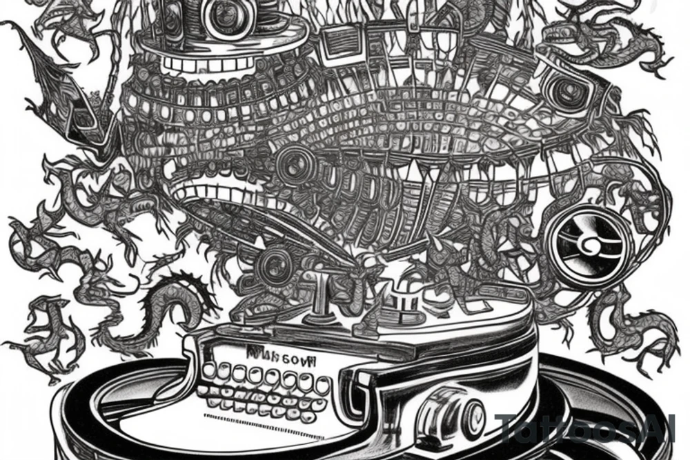 The tattoo portrays an old-fashioned typewriter at the center. Above it, a mischievous ghost emerges, while a UFO hovers higher up. From the typewriter's keys, various creatures materialize, including dragons, goblins, unicorns, and anthropomorphic animals. tattoo idea