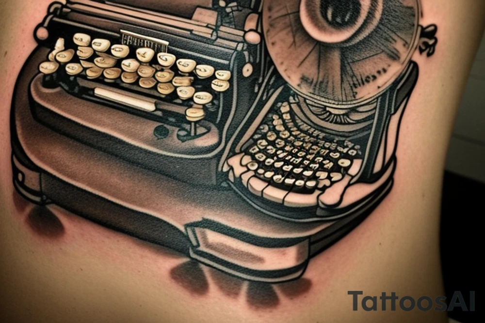 The tattoo showcases an old-fashioned typewriter as the central element. Above it, a mischievous ghost emerges, while a UFO hovers higher up in the scene. Sprouting from the typewriter's keys, an array of fantastical creatures materializes, including dragons, goblins, unicorns, and anthropomorphic animals. Amongst them, gnarled tree limbs intertwine, adding an element of twisted nature to the composition. Tentacles also emerge, coiling and reaching out from the typewriter, adding an intriguing touch of mystery. Completing the ensemble, majestic antlers sprout from the creatures, enhancing their mystical presence. tattoo idea