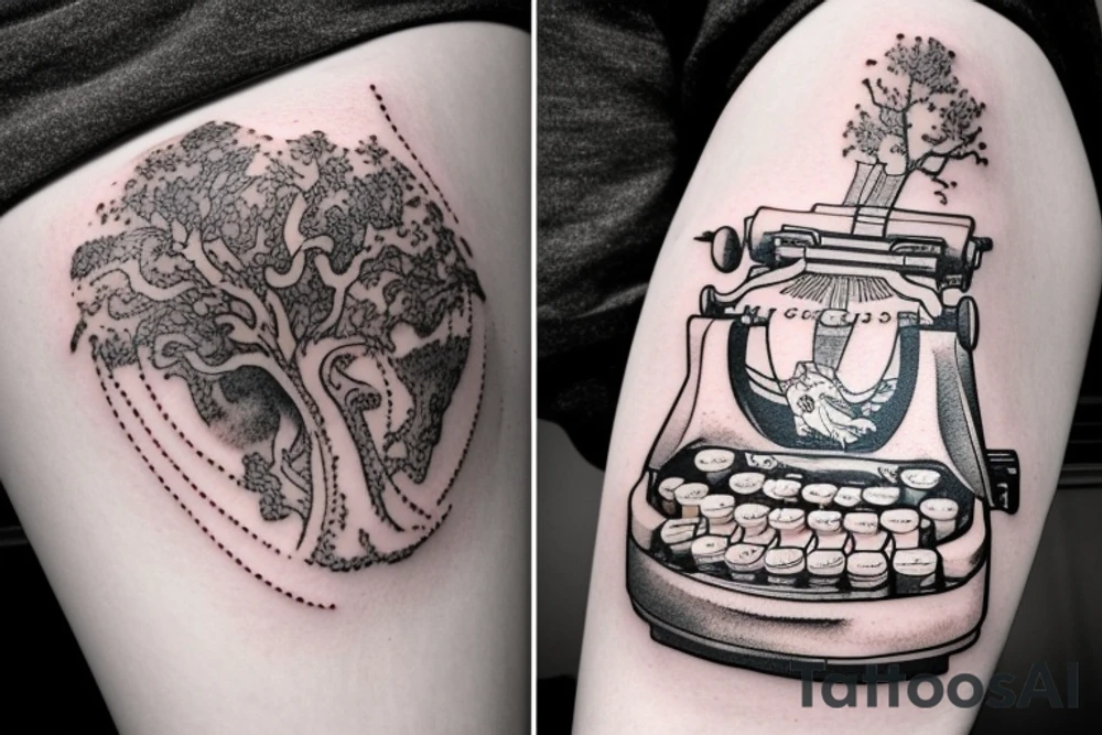 The tattoo showcases an old-fashioned typewriter as the central element. Above it, a mischievous ghost emerges, while a UFO hovers higher up in the scene. Sprouting from the typewriter's keys, an array of fantastical creatures materializes, including dragons, goblins, unicorns, and anthropomorphic animals. Amongst them, gnarled tree limbs intertwine, adding an element of twisted nature to the composition. Tentacles also emerge, coiling and reaching out from the typewriter, adding an intriguing touch of mystery. Completing the ensemble, majestic antlers sprout from the creatures, enhancing their mystical presence. tattoo idea