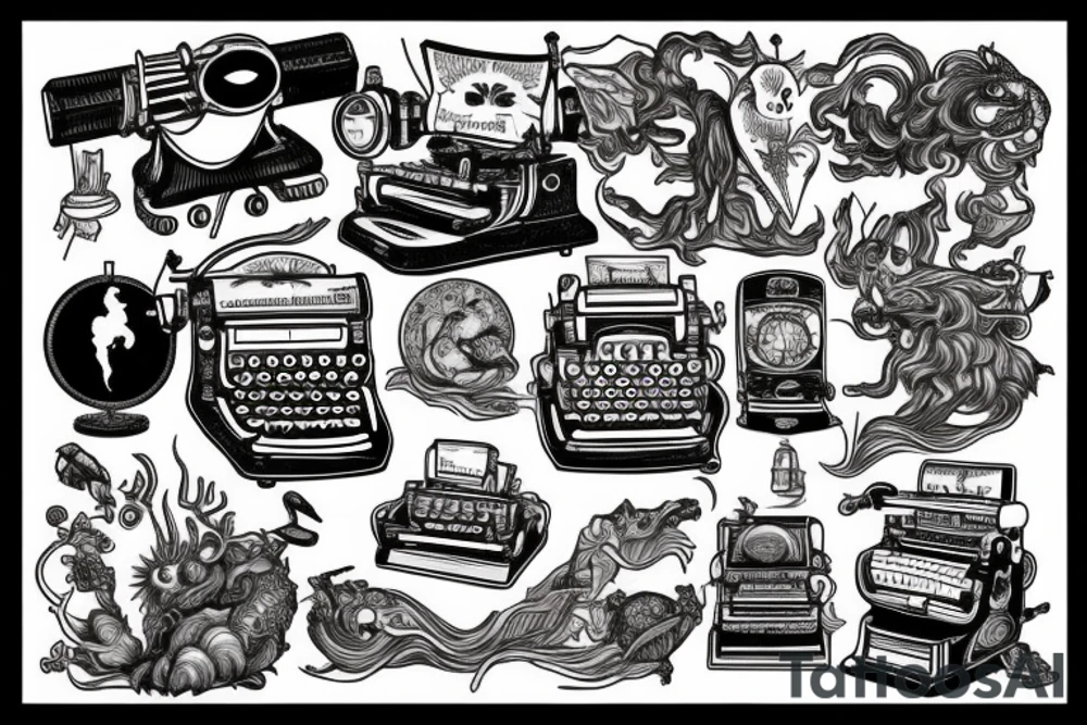 This tattoo depicts an old-fashioned typewriter with a ghost, a UFO, and various fantastical creatures emerging from its keys. tattoo idea