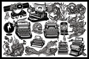 This tattoo depicts an old-fashioned typewriter with a ghost, a UFO, and various fantastical creatures emerging from its keys. tattoo idea