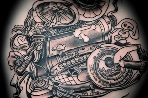 This tattoo depicts an old-fashioned typewriter with a ghost, a UFO, and various fantastical creatures emerging from its keys. tattoo idea