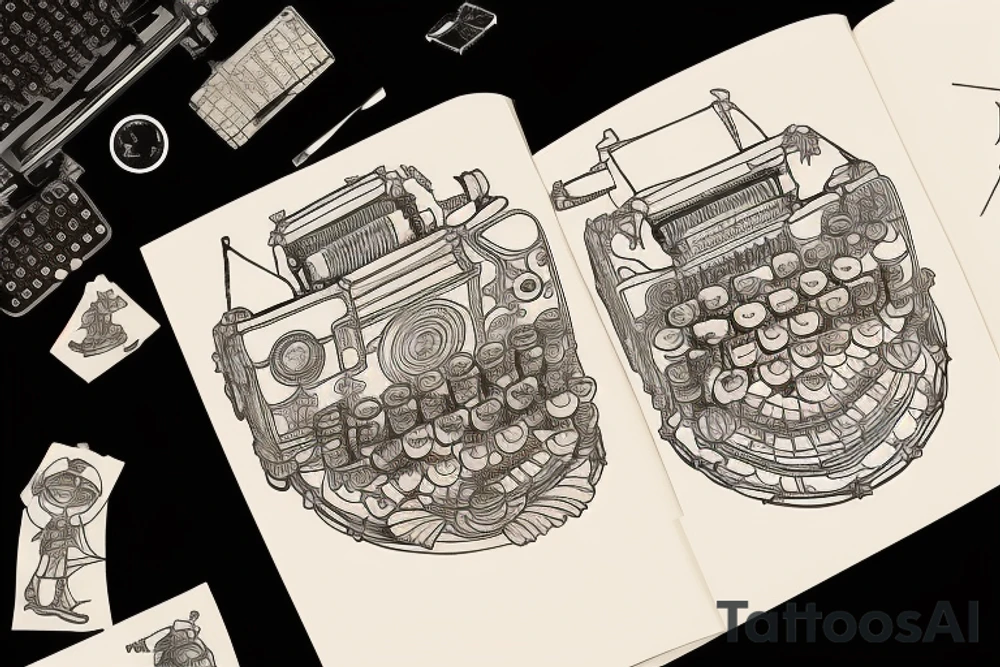 This tattoo features an old-fashioned typewriter as the central element. From the typewriter's keys, a mischievous ghost, a hovering UFO, and an array of fantastical creatures come to life. The design captures the imaginative and whimsical essence of these elements emerging from the typewriter's keys. tattoo idea