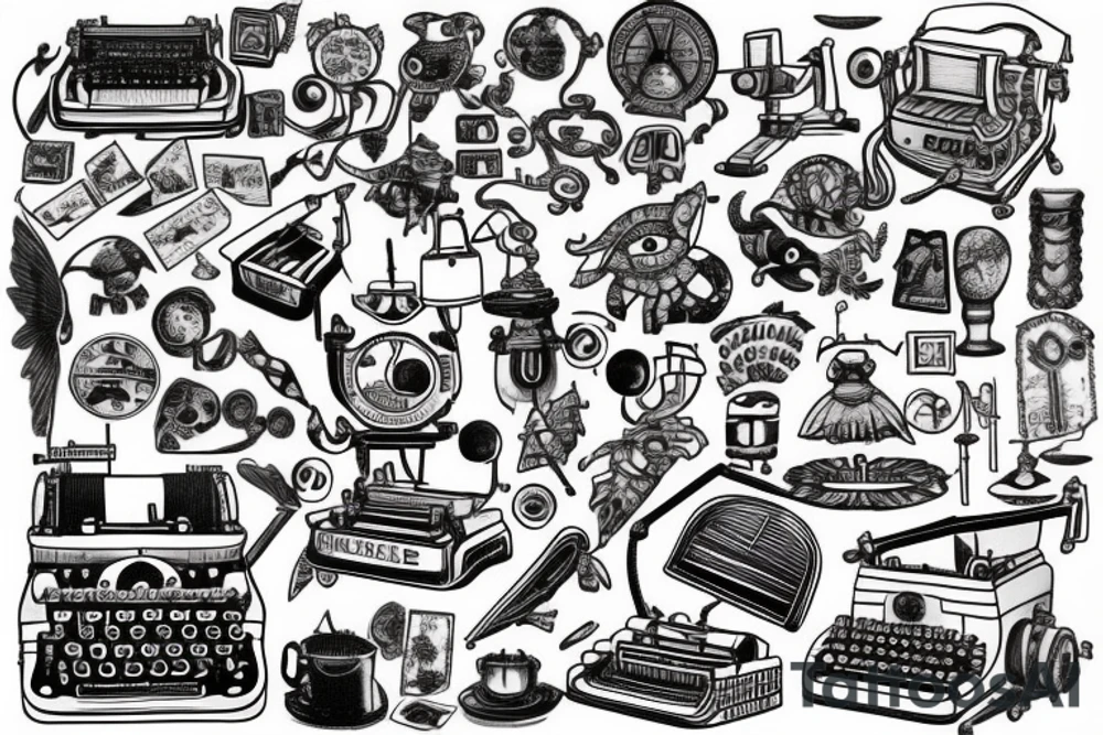 This tattoo features an old-fashioned typewriter as the central element. From the typewriter's keys, a mischievous ghost, a hovering UFO, and an array of fantastical creatures come to life. The design captures the imaginative and whimsical essence of these elements emerging from the typewriter's keys. tattoo idea