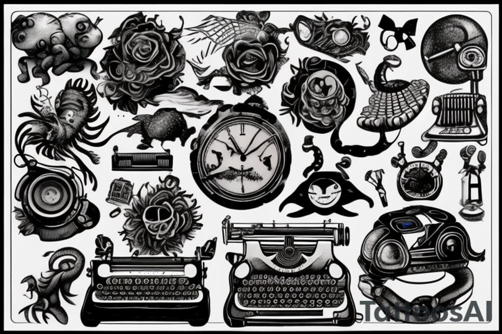 This tattoo features an old-fashioned typewriter as the central element. From the typewriter's keys, a mischievous ghost, a hovering UFO, and an array of fantastical creatures come to life. The design captures the imaginative and whimsical essence of these elements emerging from the typewriter's keys. tattoo idea