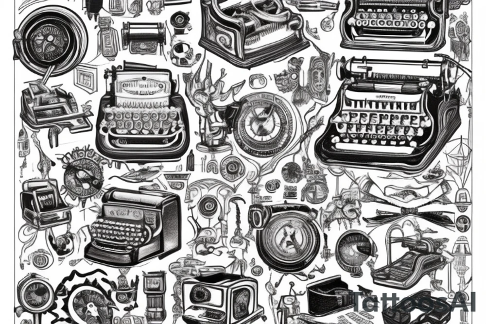 This tattoo features an old-fashioned typewriter as the central element. From the typewriter's keys, a mischievous ghost, a hovering UFO, and an array of fantastical creatures come to life. The design captures the imaginative and whimsical essence of these elements emerging from the typewriter's keys. tattoo idea