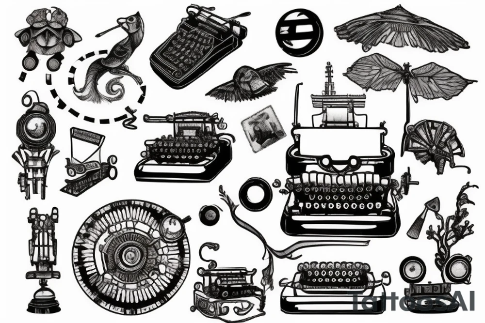 This tattoo features an old-fashioned typewriter as the central element. From the typewriter's keys, a mischievous ghost, a hovering UFO, and an array of fantastical creatures come to life. The design captures the imaginative and whimsical essence of these elements emerging from the typewriter's keys. tattoo idea