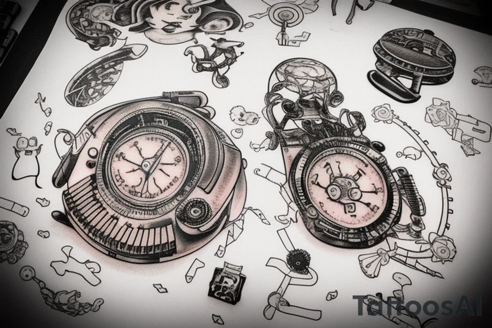 This tattoo features an old-fashioned typewriter as the central element. From the typewriter's keys, a mischievous ghost, a hovering UFO, and an array of fantastical creatures come to life. The design captures the imaginative and whimsical essence of these elements emerging from the typewriter's keys. tattoo idea
