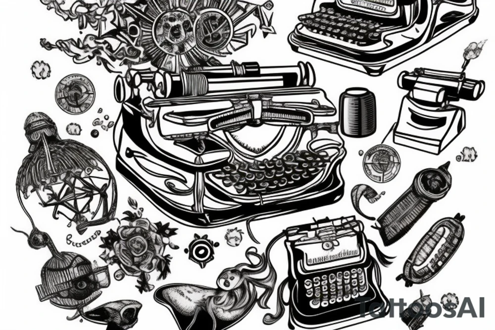 This tattoo features an old-fashioned typewriter as the central element. From the typewriter's keys, a mischievous ghost, a hovering UFO, and an array of fantastical creatures come to life. The design captures the imaginative and whimsical essence of these elements emerging from the typewriter's keys. tattoo idea