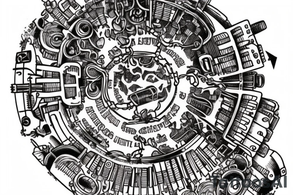 This tattoo features an old-fashioned typewriter as the central element. From the typewriter's keys, a mischievous ghost, a hovering UFO, and an array of fantastical creatures come to life. The design captures the imaginative and whimsical essence of these elements emerging from the typewriter's keys. tattoo idea