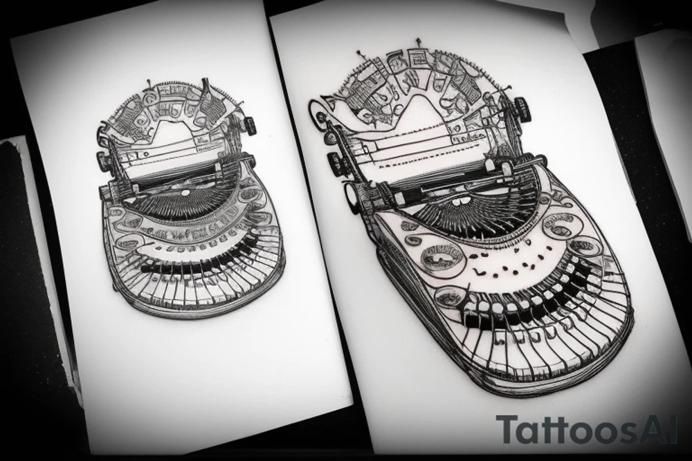 This tattoo features an old-fashioned typewriter as the central element. From the typewriter's keys, a mischievous ghost, a hovering UFO, and an array of fantastical creatures come to life. The design captures the imaginative and whimsical essence of these elements emerging from the typewriter's keys. tattoo idea