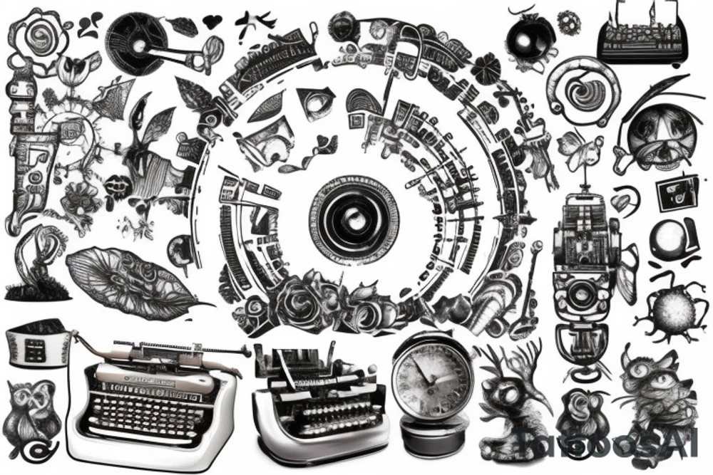 This tattoo features an old-fashioned typewriter as the central element. From the typewriter's keys, a mischievous ghost, a hovering UFO, and an array of fantastical creatures come to life. The design captures the imaginative and whimsical essence of these elements emerging from the typewriter's keys. tattoo idea