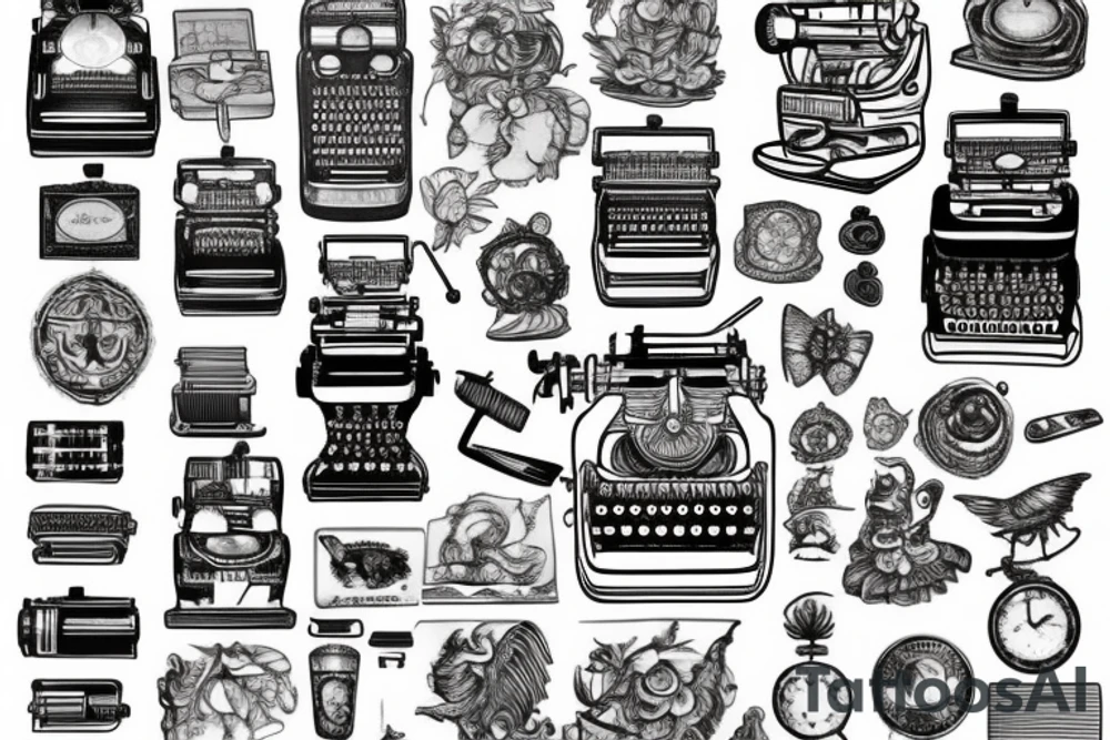 This tattoo features an old-fashioned typewriter as the central element. From the typewriter's keys, a mischievous ghost, a hovering UFO, and an array of fantastical creatures come to life. The design captures the imaginative and whimsical essence of these elements emerging from the typewriter's keys. tattoo idea