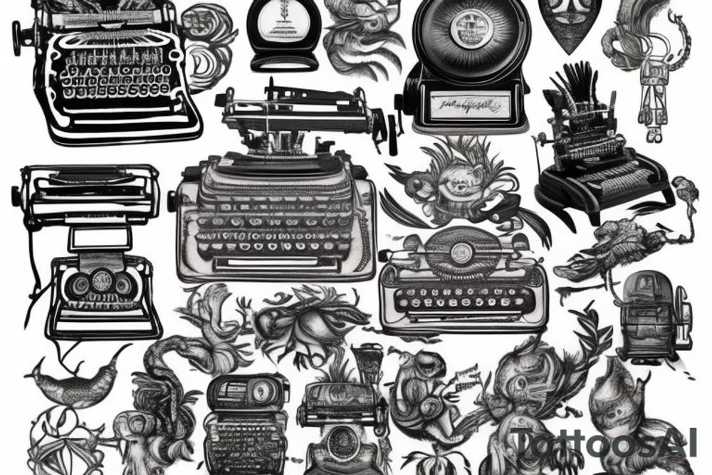 This tattoo features an old-fashioned typewriter as the central element. From the typewriter's keys, a mischievous ghost, a hovering UFO, and an array of fantastical creatures come to life. The design captures the imaginative and whimsical essence of these elements emerging from the typewriter's keys. tattoo idea