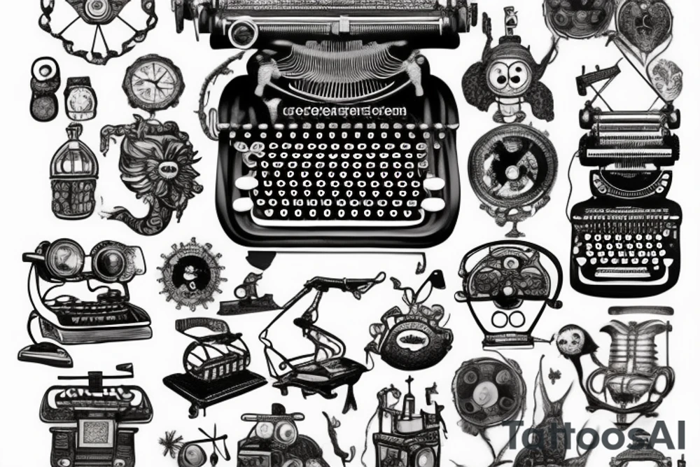 This tattoo features an old-fashioned typewriter as the central element. From the typewriter's keys, a mischievous ghost, a hovering UFO, and an array of fantastical creatures come to life. The design captures the imaginative and whimsical essence of these elements emerging from the typewriter's keys. tattoo idea