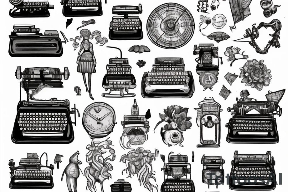 This tattoo features an old-fashioned typewriter as the central element. From the typewriter's keys, a mischievous ghost, a hovering UFO, and an array of fantastical creatures come to life. The design captures the imaginative and whimsical essence of these elements emerging from the typewriter's keys. tattoo idea