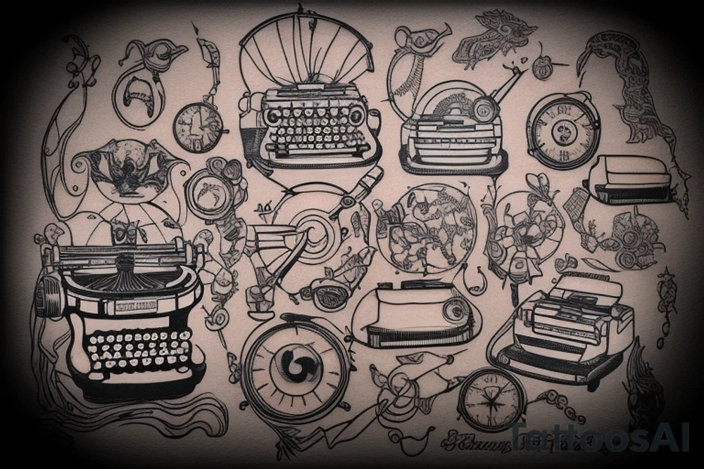 This tattoo features an old-fashioned typewriter as the central element. From the typewriter's keys, a mischievous ghost, a hovering UFO, and an array of fantastical creatures come to life. The design captures the imaginative and whimsical essence of these elements emerging from the typewriter's keys. tattoo idea
