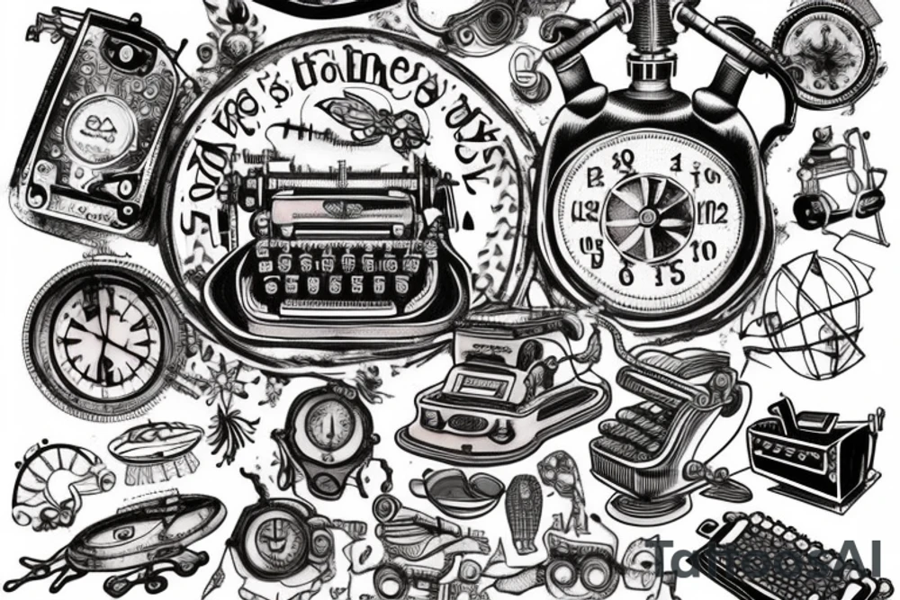This tattoo features an old-fashioned typewriter as the central element. From the typewriter's keys, a mischievous ghost, a hovering UFO, and an array of fantastical creatures come to life. The design captures the imaginative and whimsical essence of these elements emerging from the typewriter's keys. tattoo idea