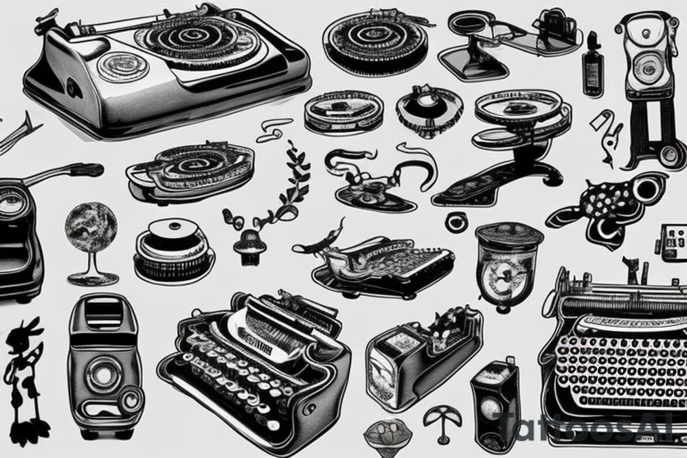 This tattoo features an old-fashioned typewriter as the central element. From the typewriter's keys, a mischievous ghost, a hovering UFO, and an array of fantastical creatures come to life. The design captures the imaginative and whimsical essence of these elements emerging from the typewriter's keys. tattoo idea