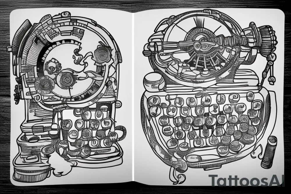 This tattoo features an old-fashioned typewriter as the central element. From the typewriter's keys, a mischievous ghost, a hovering UFO, and an array of fantastical creatures come to life. The design captures the imaginative and whimsical essence of these elements emerging from the typewriter's keys. tattoo idea