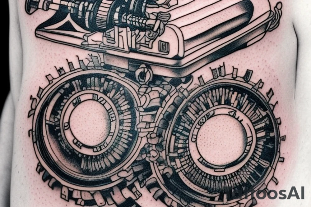 This tattoo features an old-fashioned typewriter as the central element. From the typewriter's keys, a mischievous ghost, a hovering UFO, and an array of fantastical creatures come to life. The design captures the imaginative and whimsical essence of these elements emerging from the typewriter's keys. tattoo idea