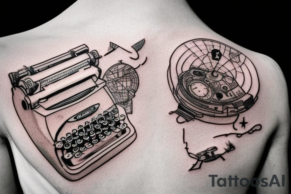 This tattoo features an old-fashioned typewriter as the central element. From the typewriter's keys, a mischievous ghost, a hovering UFO, and an array of fantastical creatures come to life. The design captures the imaginative and whimsical essence of these elements emerging from the typewriter's keys. tattoo idea