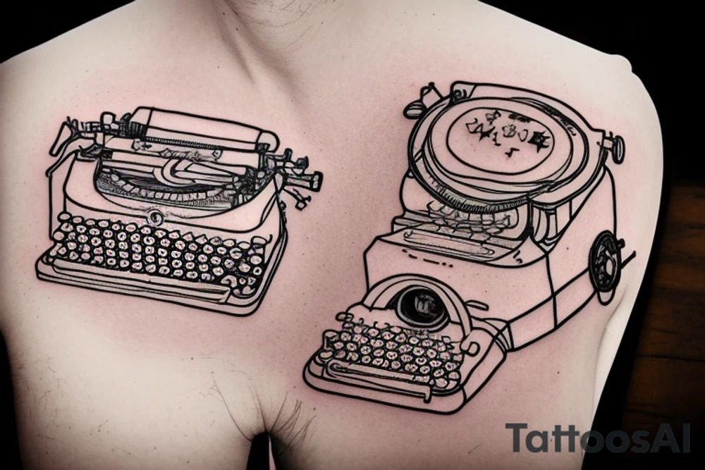 This tattoo features an old-fashioned typewriter as the central element. From the typewriter's keys, a mischievous ghost, a hovering UFO, and an array of fantastical creatures come to life. The design captures the imaginative and whimsical essence of these elements emerging from the typewriter's keys. tattoo idea