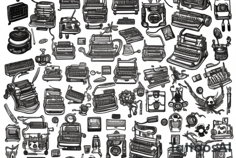 This tattoo features an old-fashioned typewriter as the central element. From the typewriter's keys, a mischievous ghost, a hovering UFO, and an array of fantastical creatures come to life. The design captures the imaginative and whimsical essence of these elements emerging from the typewriter's keys. tattoo idea