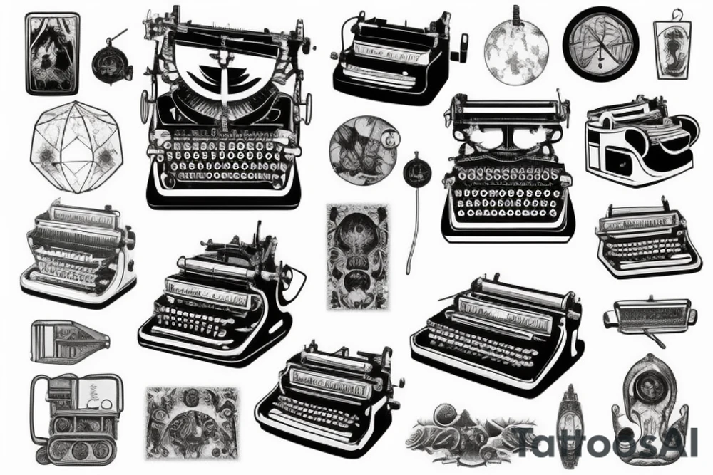 old-fashioned typewriter as the central element. From the typewriter's keys, a ghost, a hovering UFO. The design captures the imaginative and whimsical essence of these elements emerging from the typewriter's keys. tattoo idea