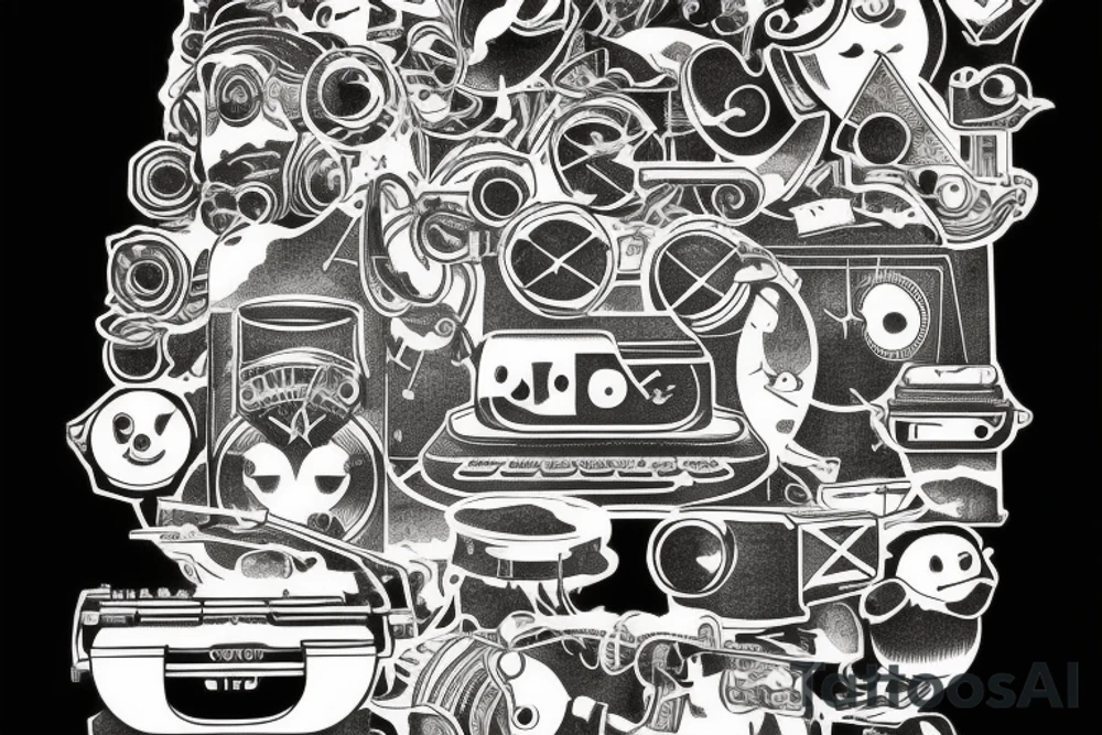 old-fashioned typewriter as the central element. From the typewriter's keys, a ghost, a hovering UFO. The design captures the imaginative and whimsical essence of these elements emerging from the typewriter's keys. tattoo idea