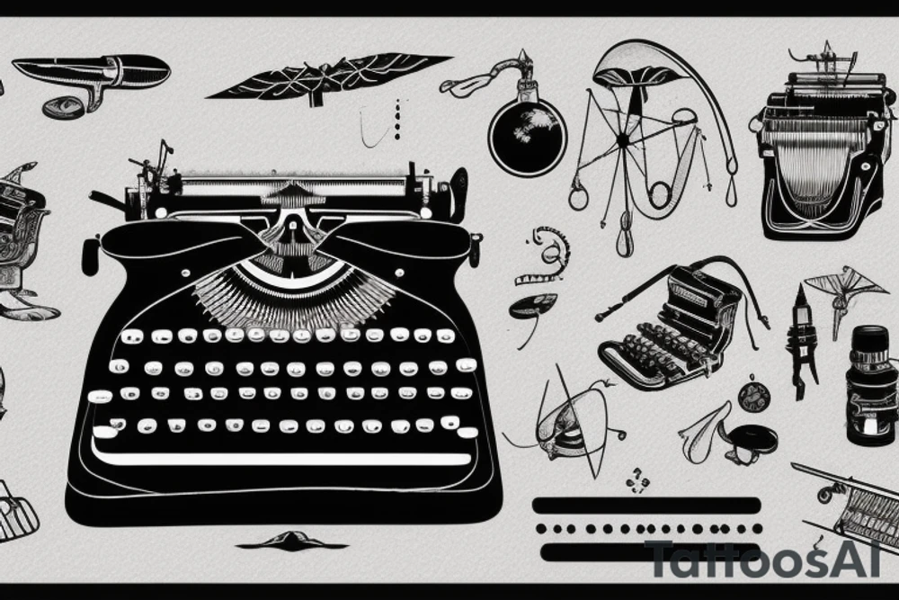 old-fashioned typewriter as the central element. From the typewriter's keys, a ghost, a hovering UFO. The design captures the imaginative and whimsical essence of these elements emerging from the typewriter's keys. tattoo idea