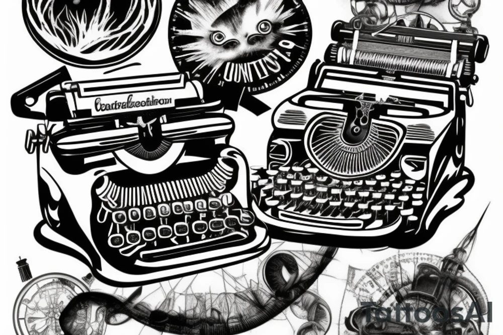 old-fashioned typewriter as the central element. From the typewriter's keys, a ghost, a hovering UFO. The design captures the imaginative and whimsical essence of these elements emerging from the typewriter's keys. tattoo idea