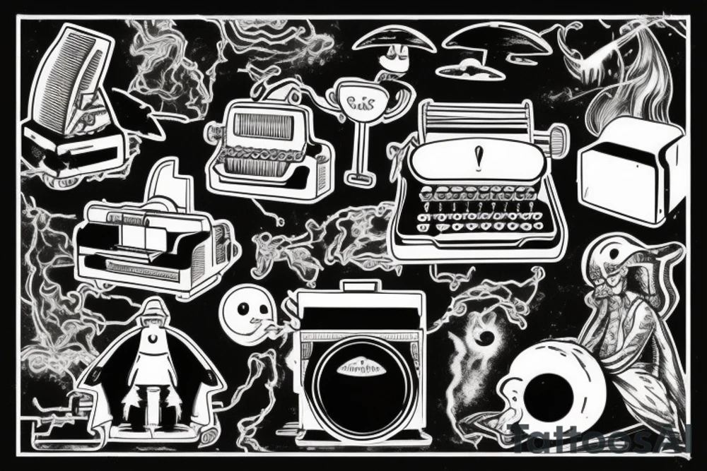 old-fashioned typewriter as its centerpiece. Positioned above the typewriter, a mischievous ghost emerges, while a hovering UFO adds an air of mystery. tattoo idea