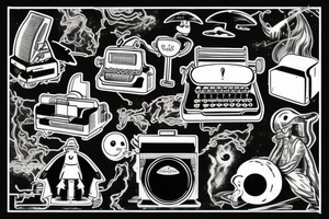 old-fashioned typewriter as its centerpiece. Positioned above the typewriter, a mischievous ghost emerges, while a hovering UFO adds an air of mystery. tattoo idea