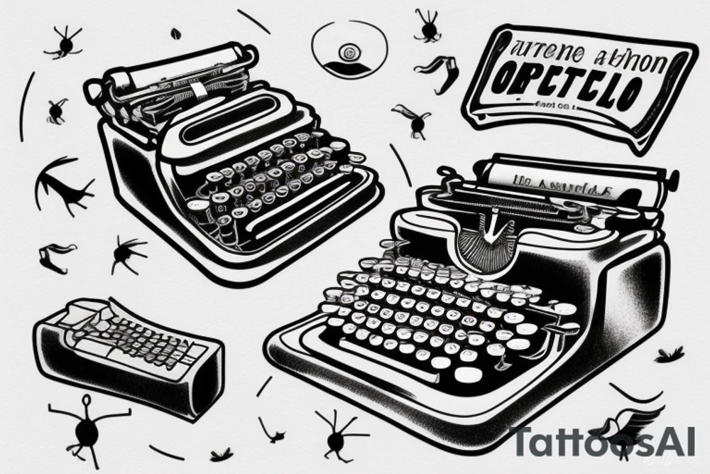 old-fashioned typewriter as its centerpiece. Positioned above the typewriter, a mischievous ghost emerges, while a hovering UFO adds an air of mystery. tattoo idea