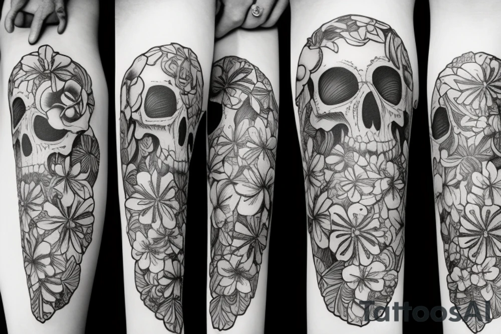 Skull with flowers and a full leg band for entire leg tattoo idea
