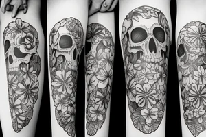 Skull with flowers and a full leg band for entire leg tattoo idea