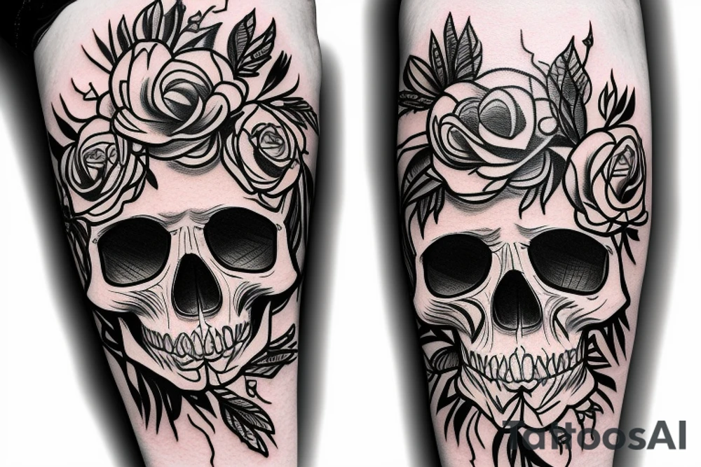 Skull with flowers and a full leg band for entire leg tattoo idea