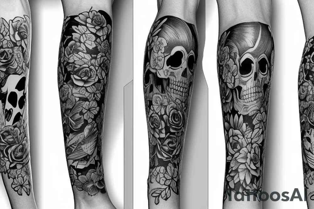 Full legs sleeve with swords, skulls, flowers and falcons tattoo idea